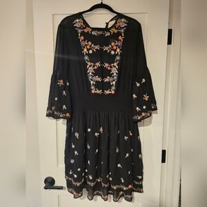 Anthropologie (Maeve) Black Dress with Multicolor Floral Embroidery